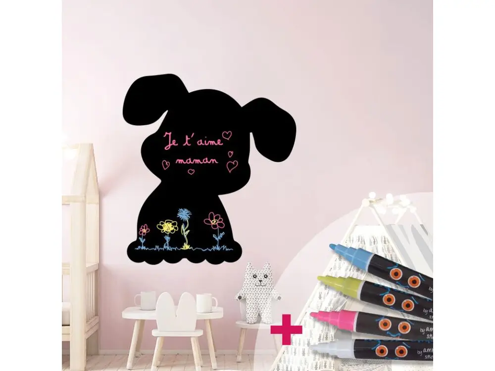 Sticker ardoise tableau noir - stickers muraux adhésif effaçable - CHIOT + 4 CRAIES LIQUIDES - 60x55cm