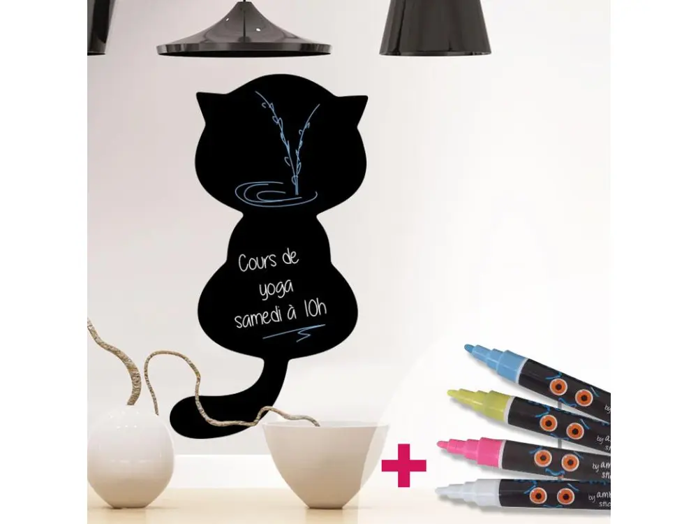 Sticker ardoise tableau noir - stickers muraux adhésif effaçable - CHAT MIGNON + 4 CRAIES LIQUIDES - 175x95cm