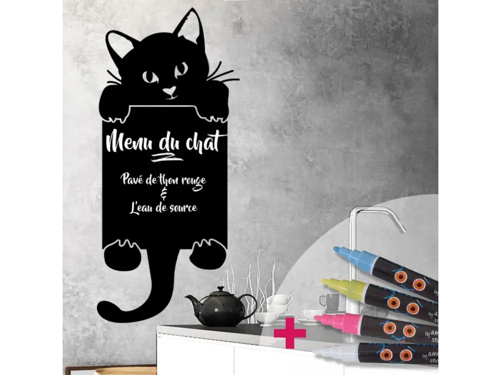 Sticker ardoise tableau noir - stickers muraux adhésif effaçable - CHAT FAIT COUCOU + 4 CRAIES LIQUIDES - 165X75cm