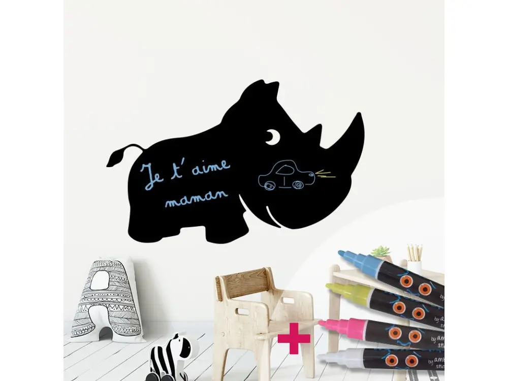 Sticker ardoise tableau noir - stickers muraux adhésif effaçable - RHINOCÉROS + 4 CRAIES LIQUIDES - 25x40cm