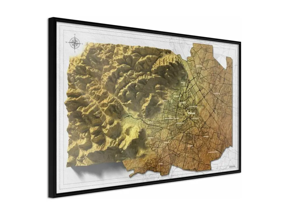 Affiche Murale Encadrée "Raised Relief Map Vienna" 90 x 60 cm Noir