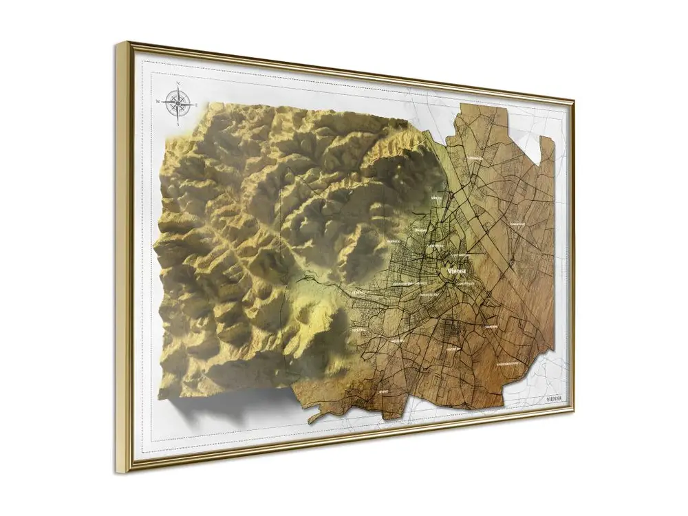 Affiche Murale Encadrée "Raised Relief Map Vienna" 60 x 40 cm Or