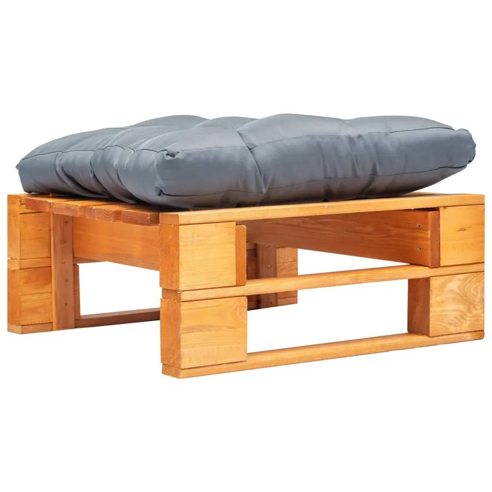 Repose-pied palette de jardin et coussin gris marron miel bois