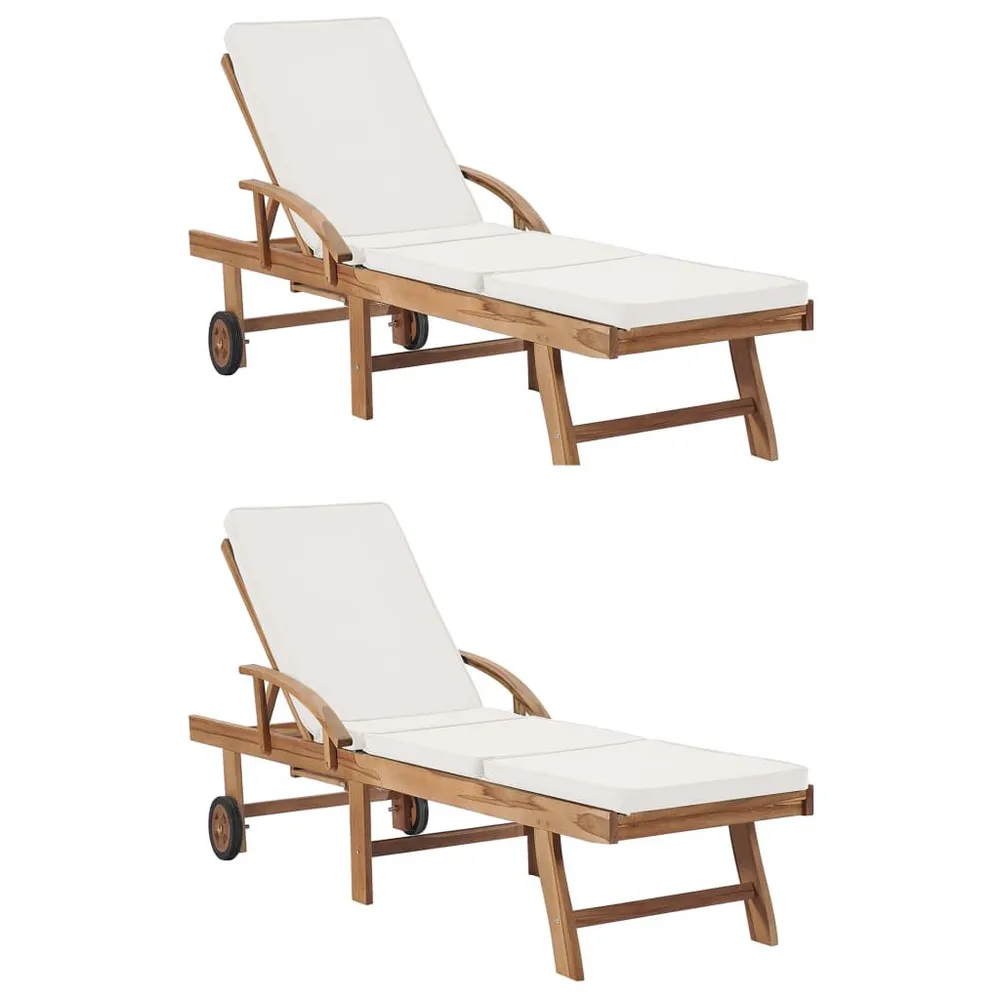 Chaises longues avec coussins 2 pcs Bois de teck solide Crème