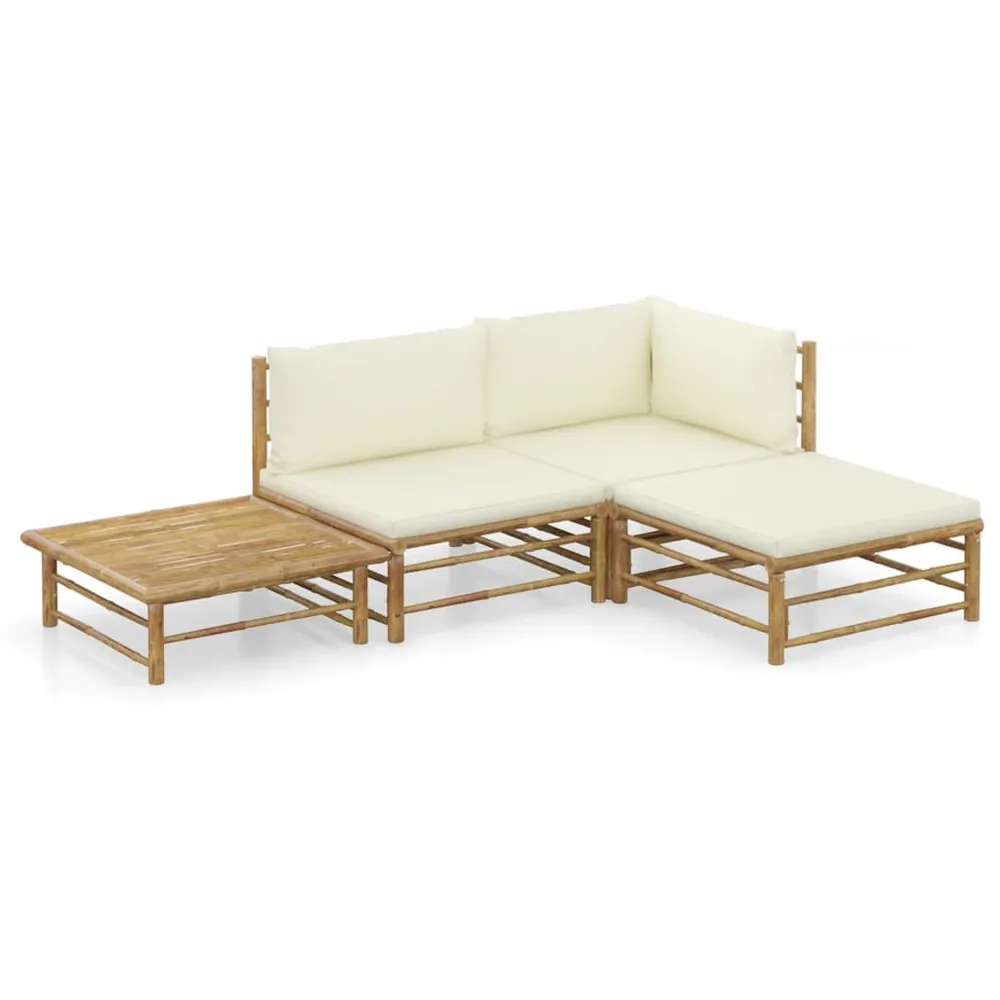 Salon de jardin 4 pcs avec coussins blanc crème bambou