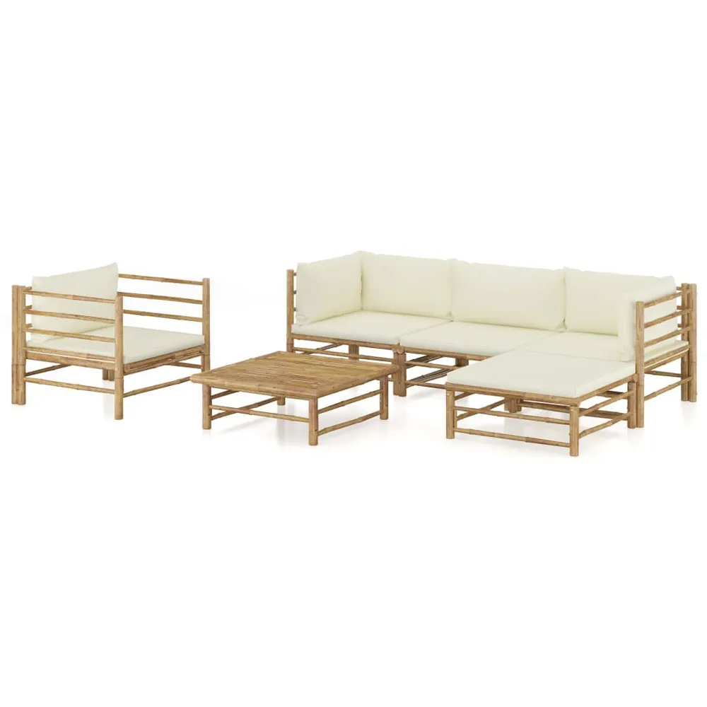 Salon de jardin 6 pcs avec coussins blanc crème bambou