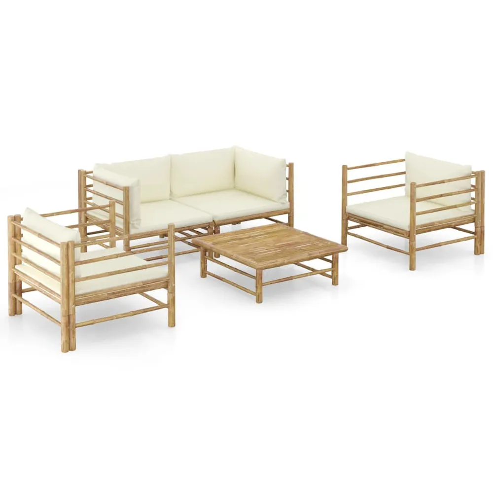 Salon de jardin 5 pcs avec coussins blanc crème bambou