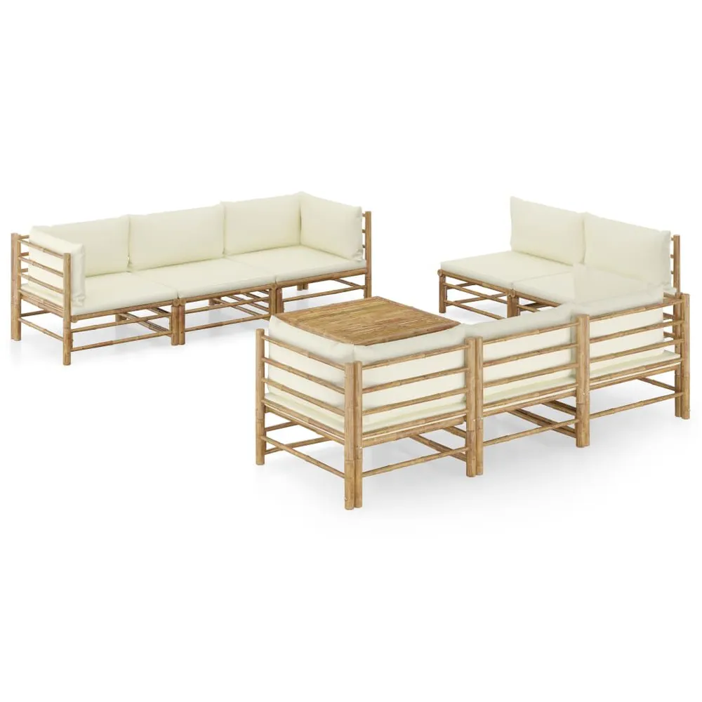 Salon de jardin 9 pcs avec coussins blanc crème bambou