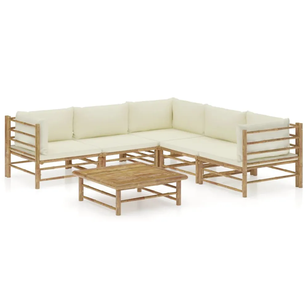 Salon de jardin 6 pcs avec coussins blanc crème bambou