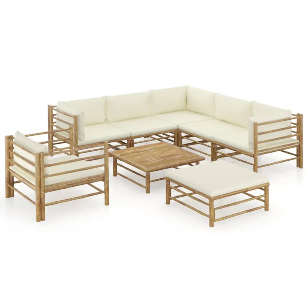 Salon de jardin 8 pcs avec coussins blanc crème bambou