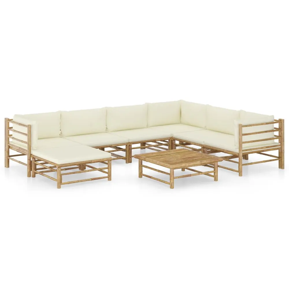 Salon de jardin 8 pcs avec coussins blanc crème bambou