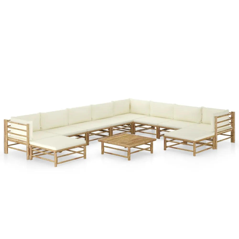 Salon de jardin 11 pcs avec coussins blanc crème bambou