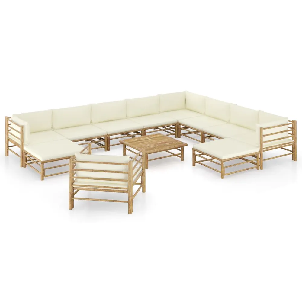 Salon de jardin 12 pcs avec coussins blanc crème bambou