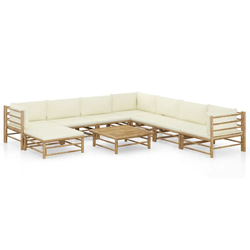 Salon de jardin 9 pcs avec coussins blanc crème bambou