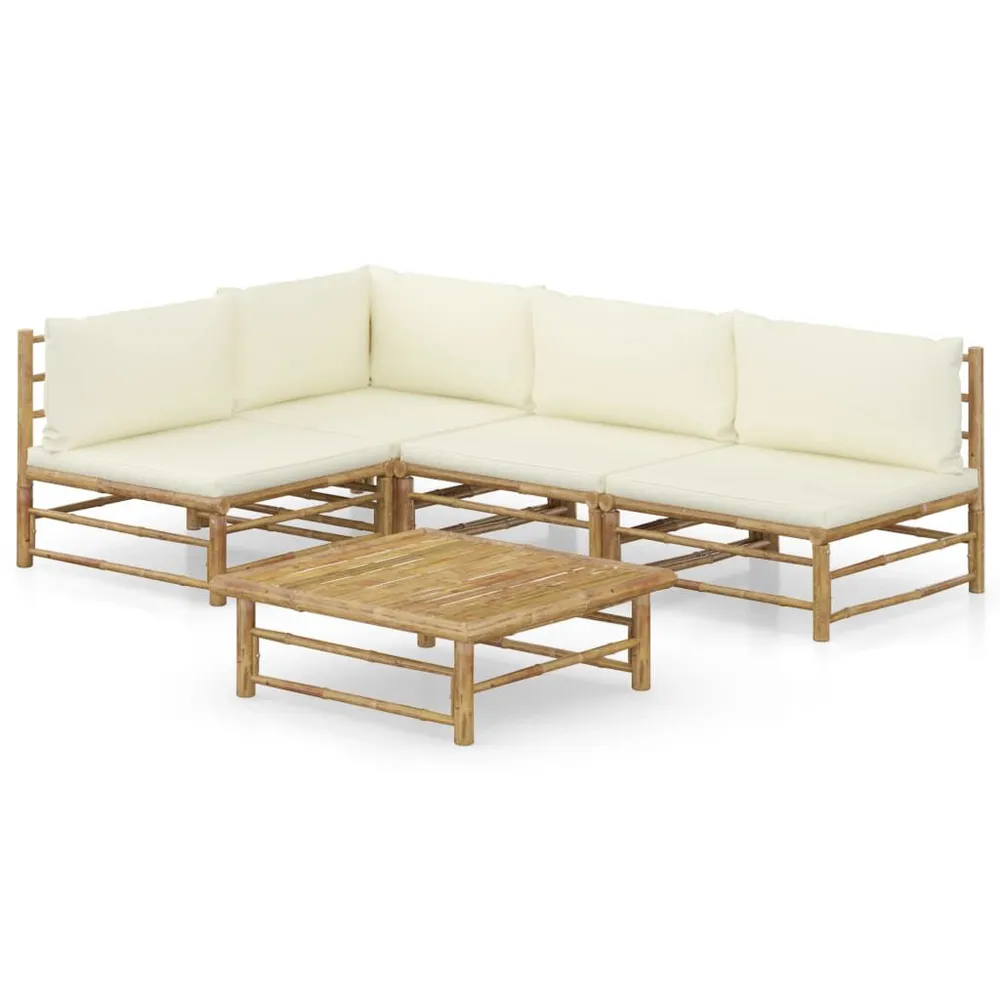 Salon de jardin 5 pcs avec coussins blanc crème bambou