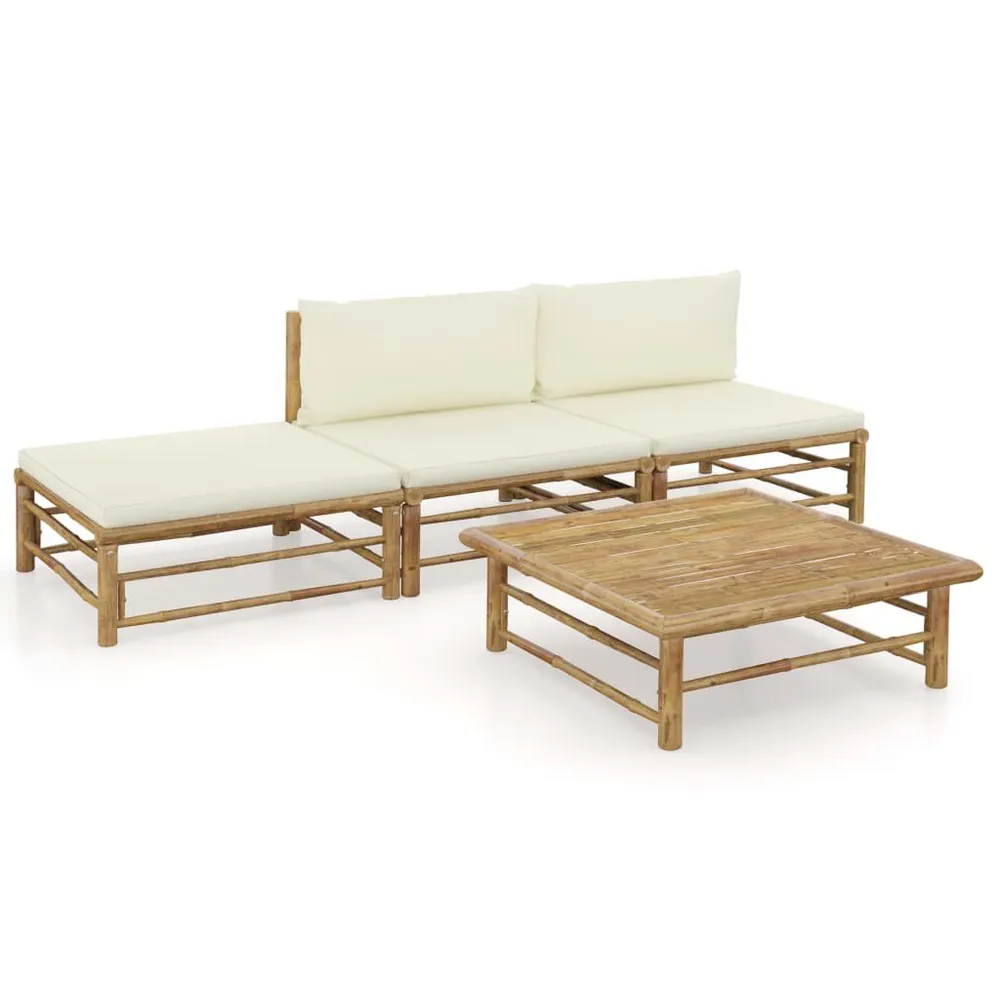 Salon de jardin 4 pcs avec coussins blanc crème bambou