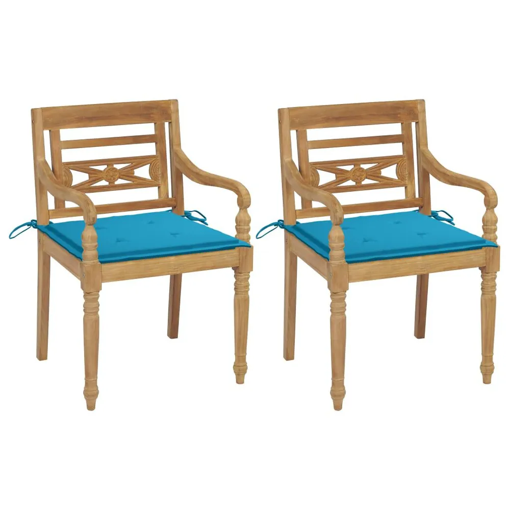 Chaises Batavia lot de 2 et coussins bleus Bois de teck massif