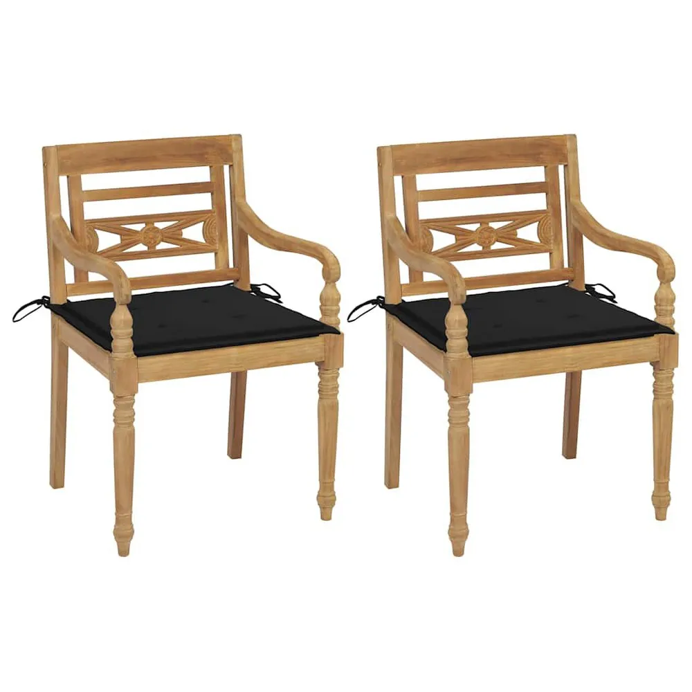 Chaises Batavia lot de 2 et coussins noirs Bois de teck massif