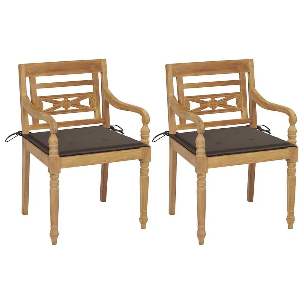 Chaises Batavia lot de 2 et coussins taupe Bois de teck massif