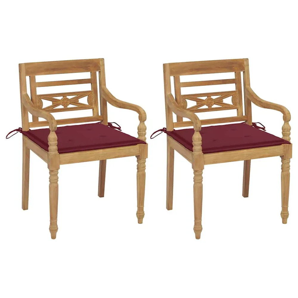 Chaises Batavia lot de 2 et coussins bordeaux Bois teck massif