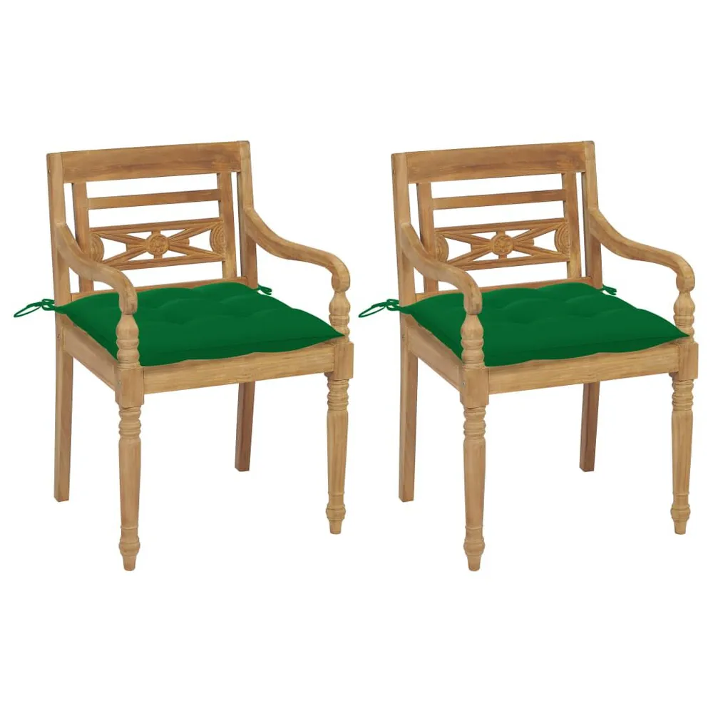 Chaises Batavia lot de 2 et coussins verts Bois de teck massif