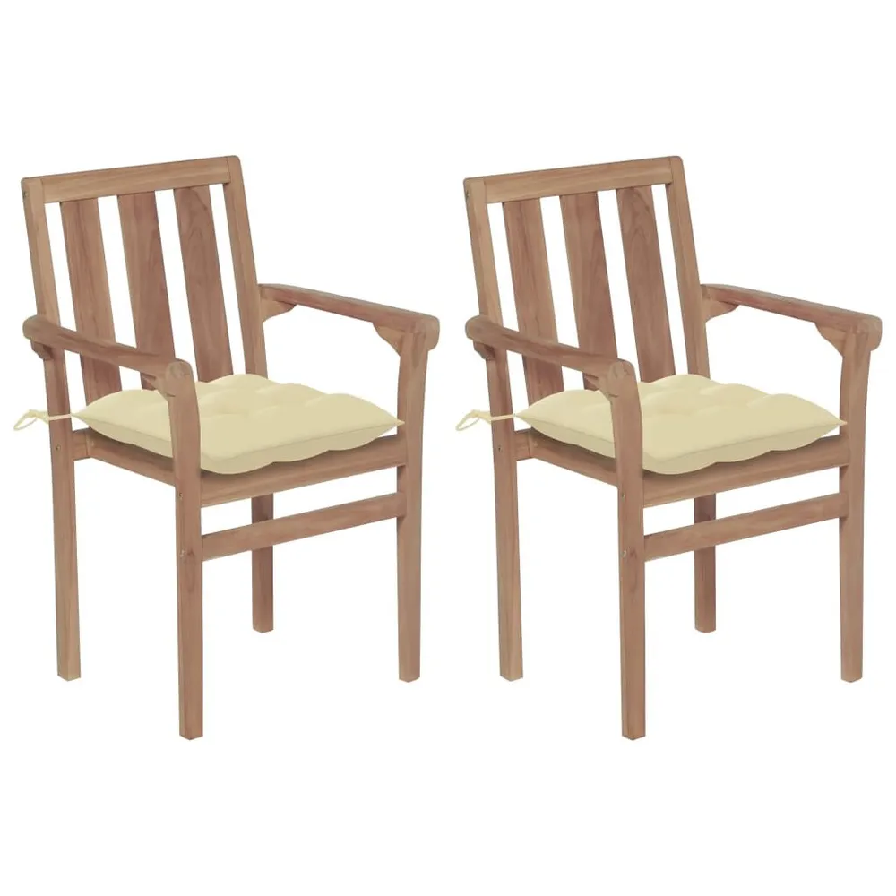 Chaises de jardin lot de 2 et coussins blanc crème Teck massif