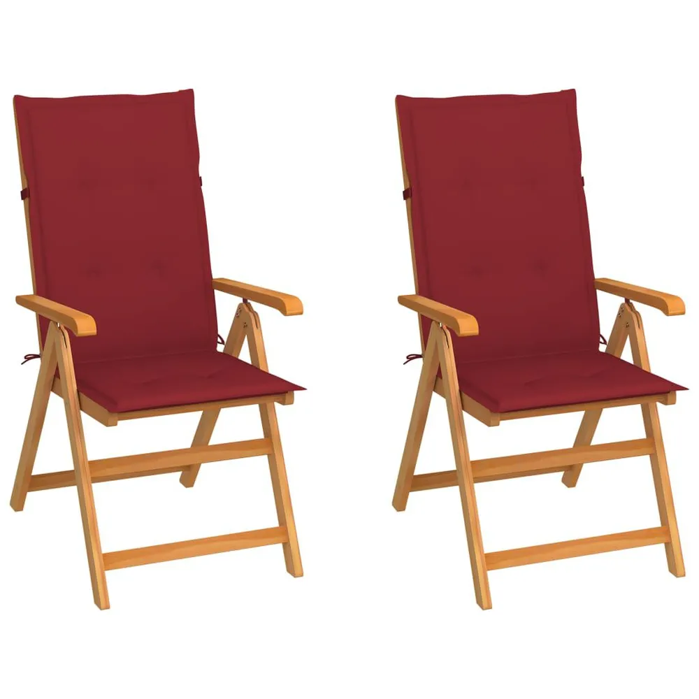 Chaises de jardin lot de 2 et coussins bordeaux Teck massif