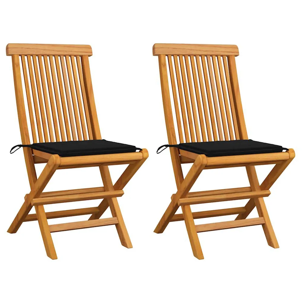 Chaises de jardin et coussins noir lot de 2 Bois de teck massif