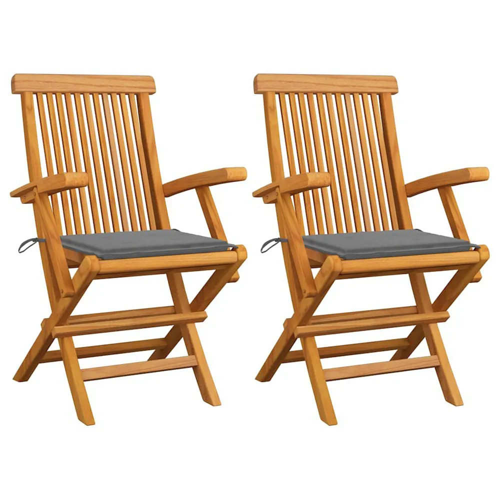 Chaises de jardin avec coussins gris lot de 2 Bois teck massif