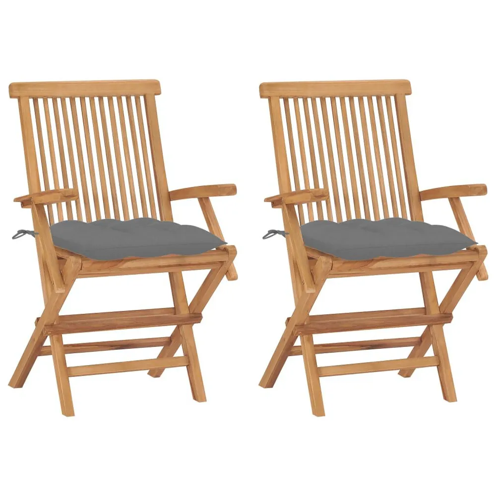 Chaises de jardin avec coussins gris lot de 2 Bois teck massif