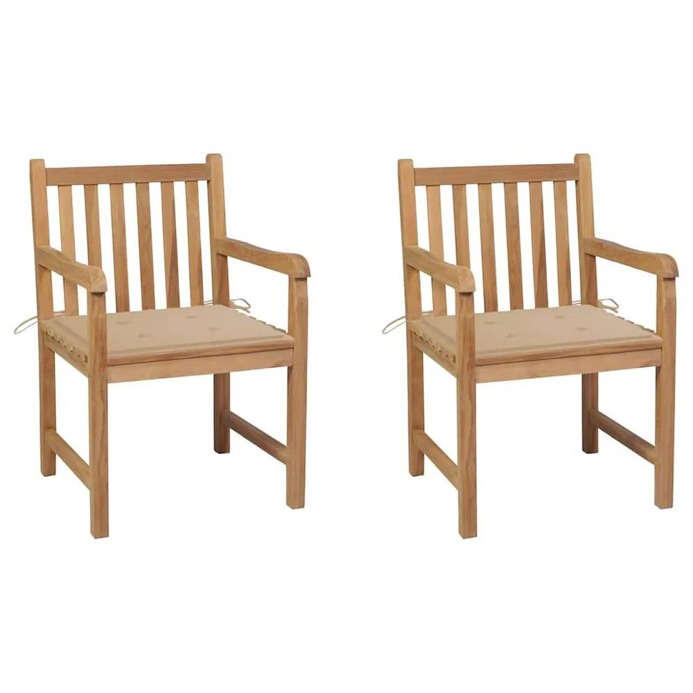 Chaises de jardin lot de 2 et coussins beige Bois teck massif