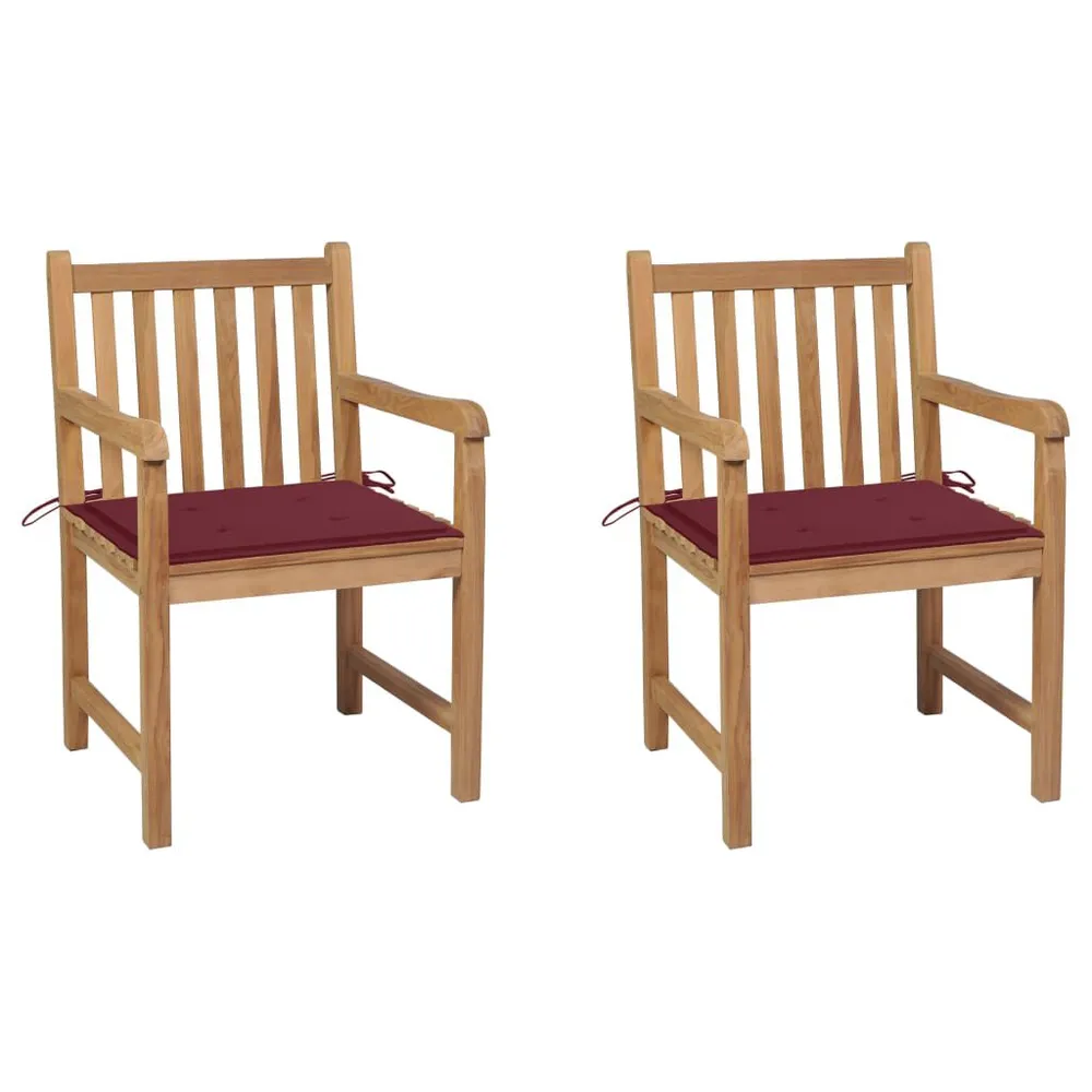 Chaises de jardin lot de 2 avec coussins bordeaux Teck massif