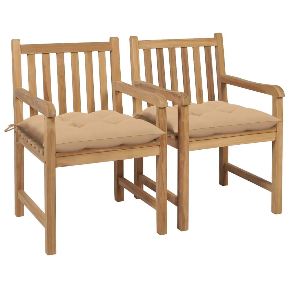 Chaises de jardin lot de 2 et coussins beige Bois teck massif