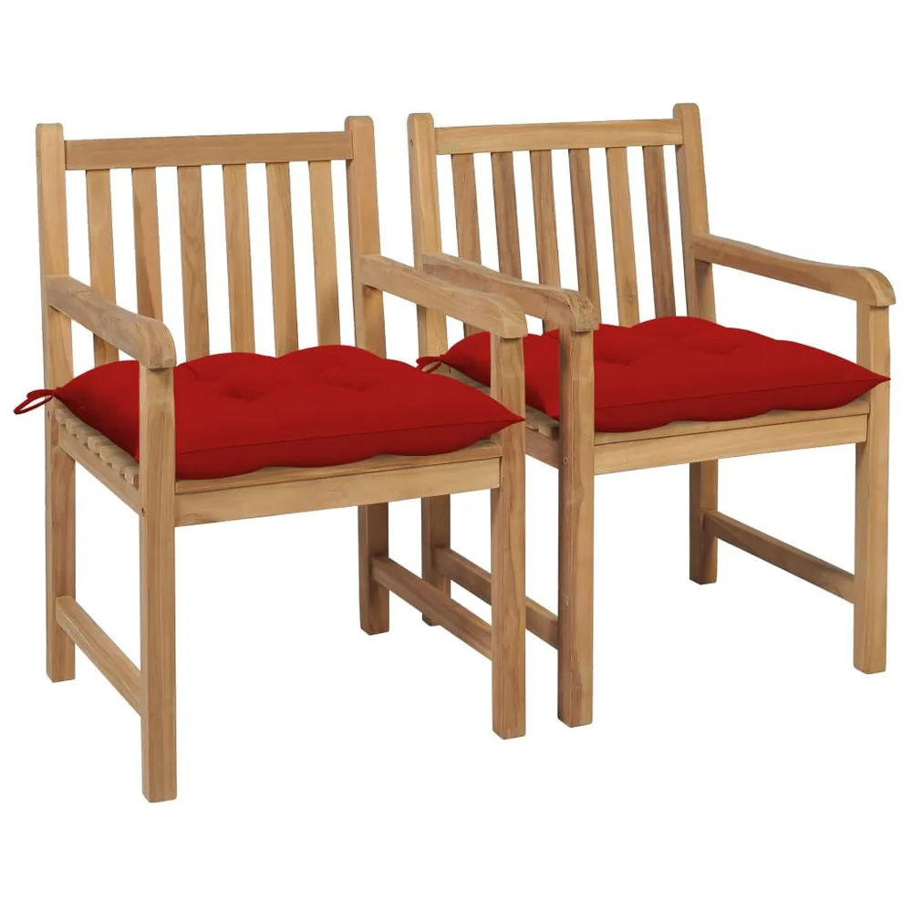 Chaises de jardin lot de 2 et coussins rouge Bois teck massif