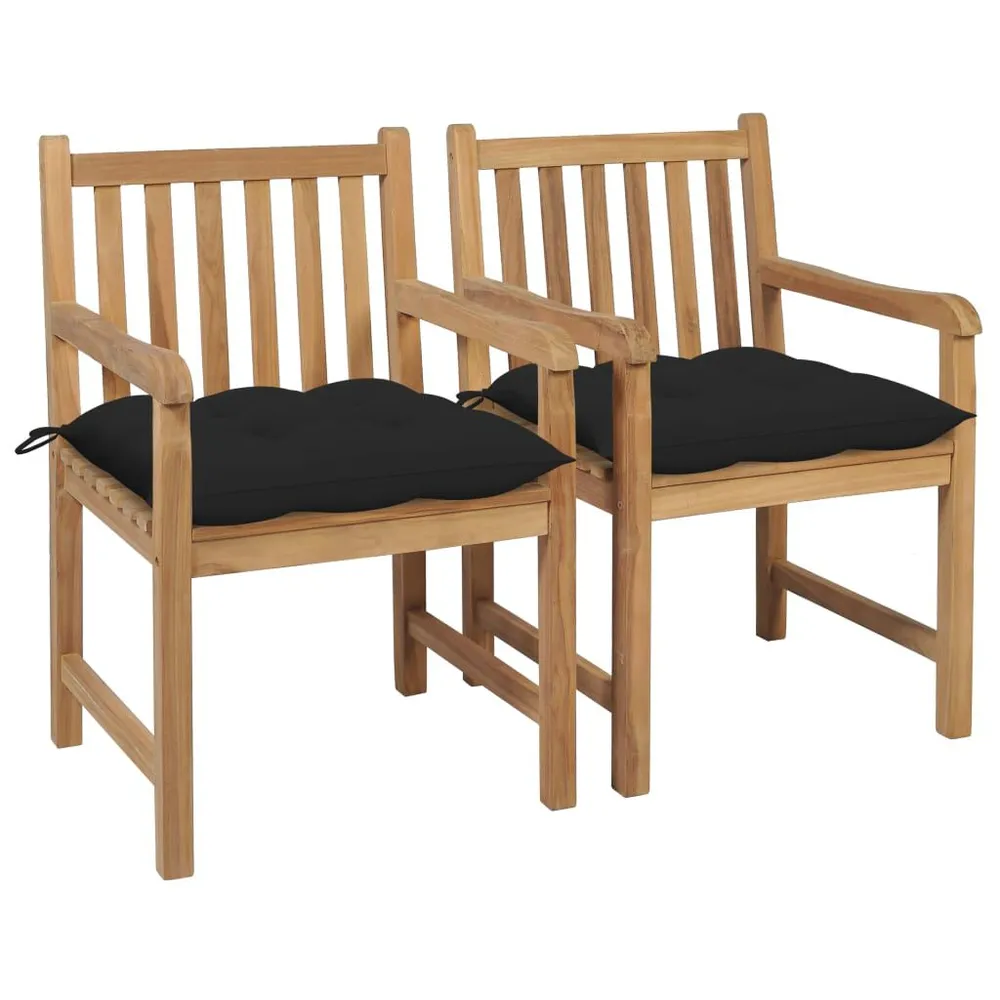 Chaises de jardin lot de 2 et coussins noir Bois de teck massif