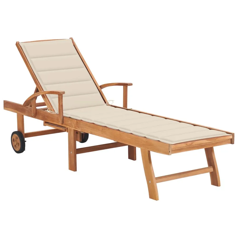 Chaise longue avec coussin crème Bois de teck solide