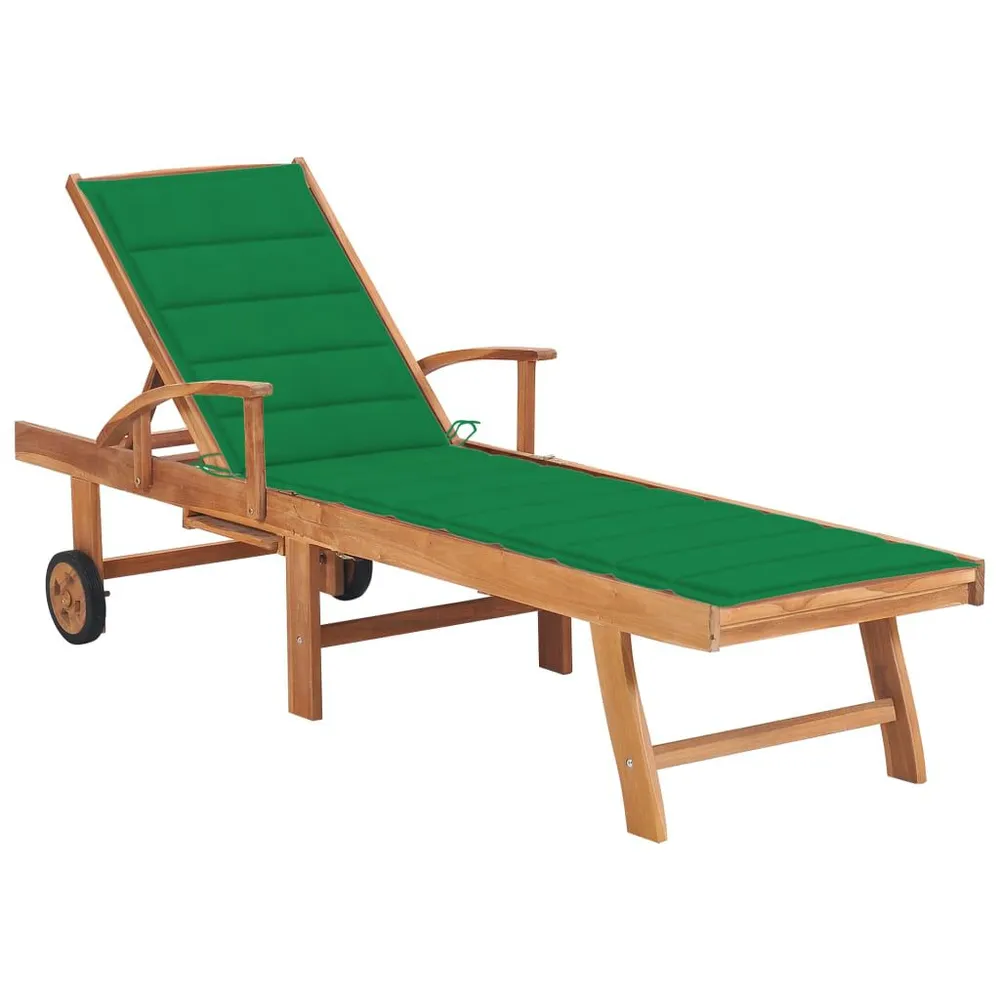 Chaise longue avec coussin vert Bois de teck solide