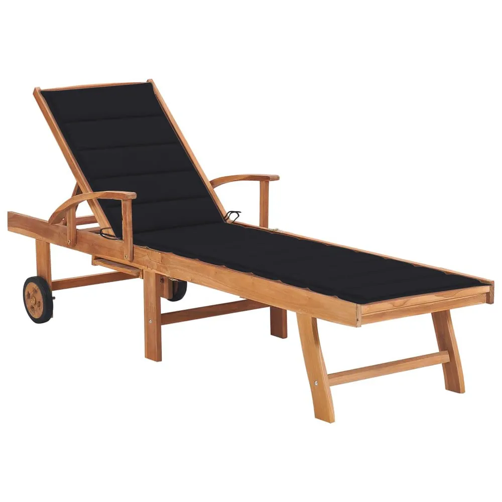 Chaise longue avec coussin noir Bois de teck solide