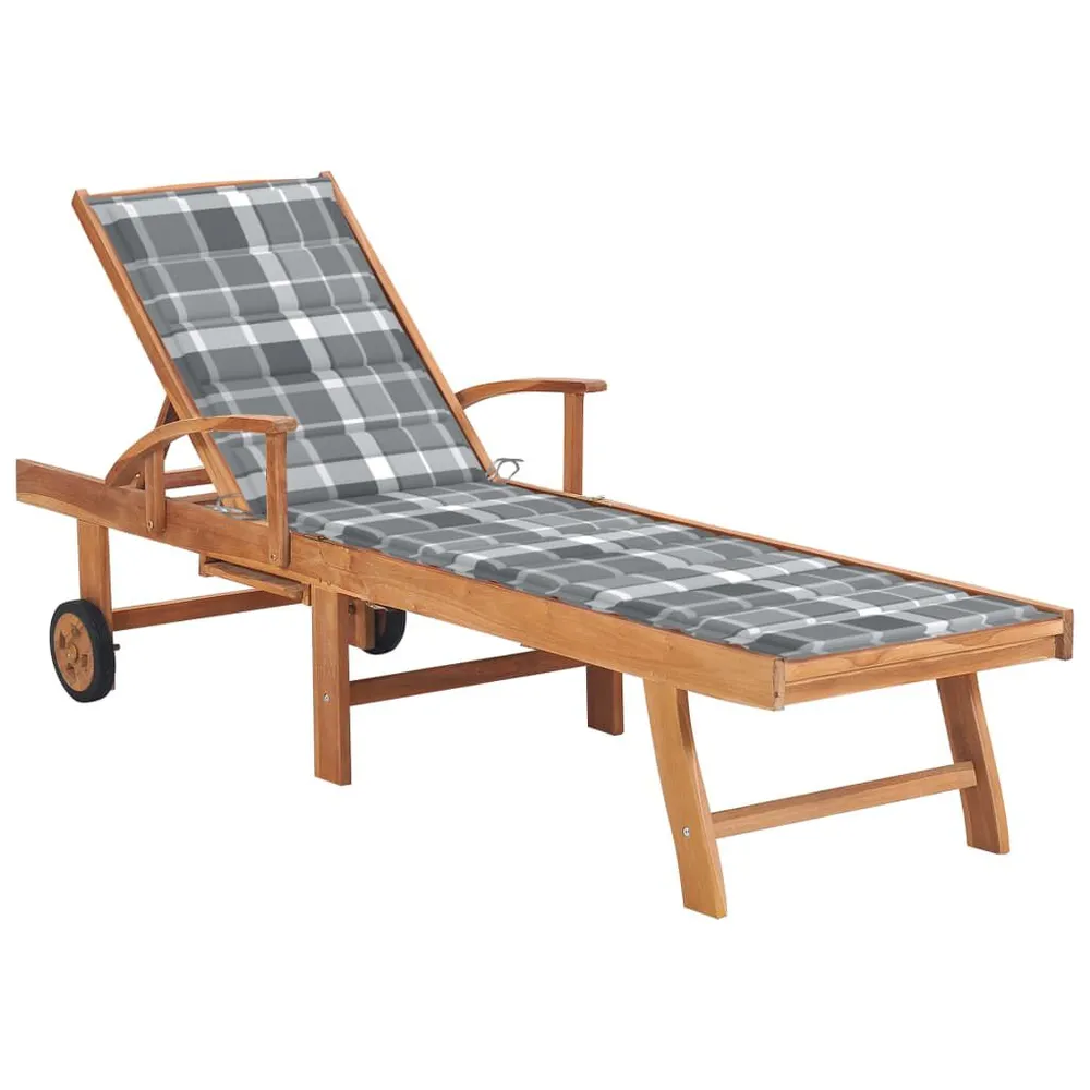 Chaise longue avec coussin à carreaux gris Bois de teck solide