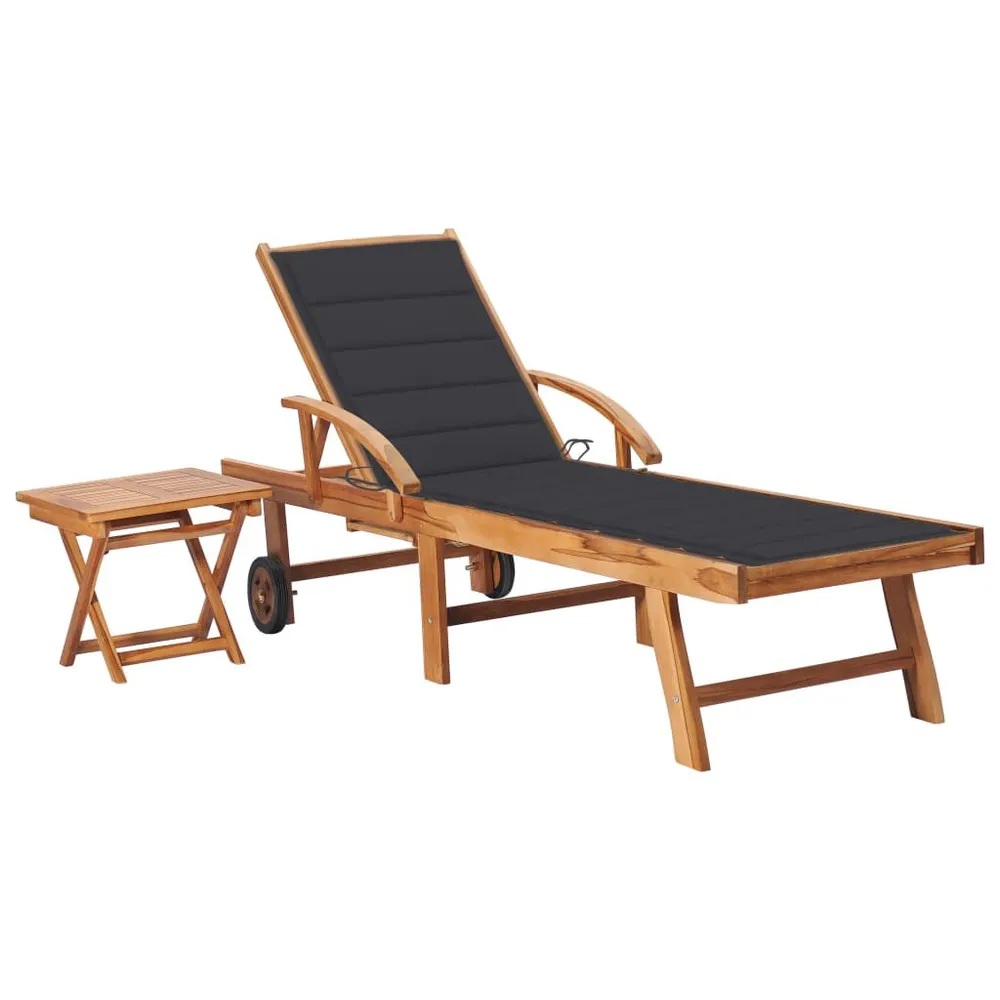 Chaise longue avec table et coussin Bois de teck solide