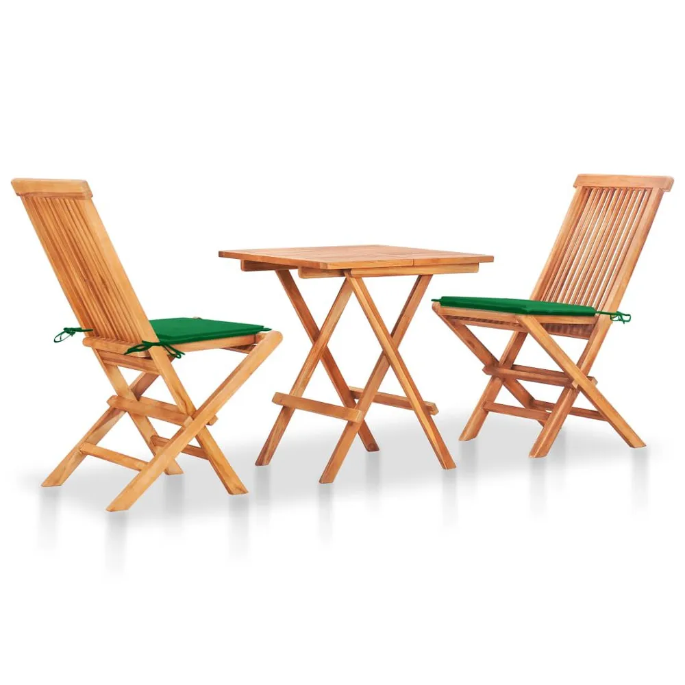 Ensemble de bistro 3 pcs avec coussins vert Bois de teck massif