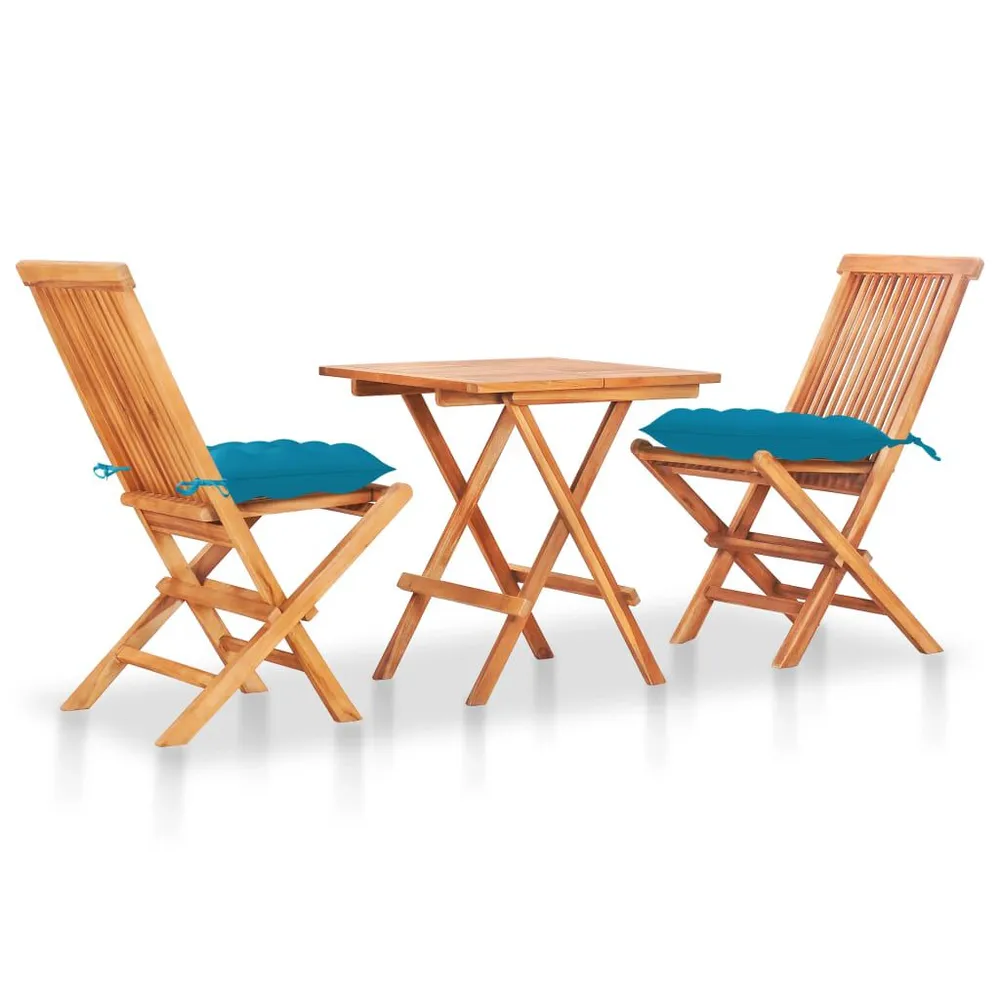 Ensemble de bistro 3 pcs avec coussins bleu évident Bois de teck