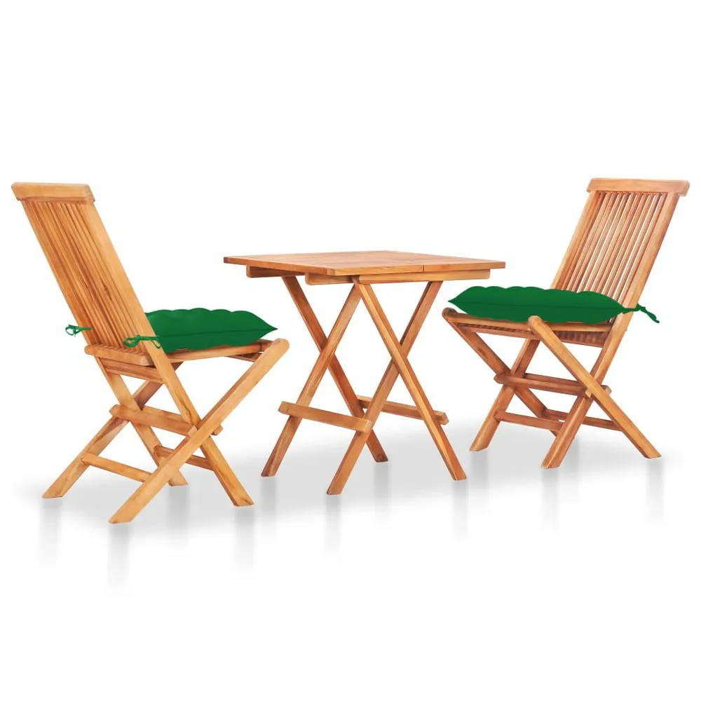 Ensemble de bistro 3 pcs avec coussins vert Bois de teck massif