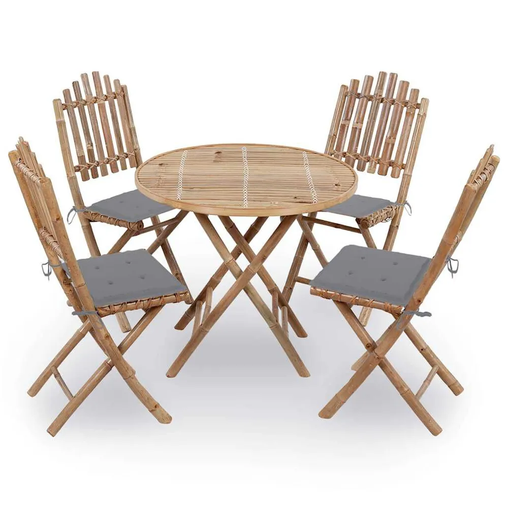 Mobilier à dîner d'extérieur pliable 5 pcs avec coussins bambou