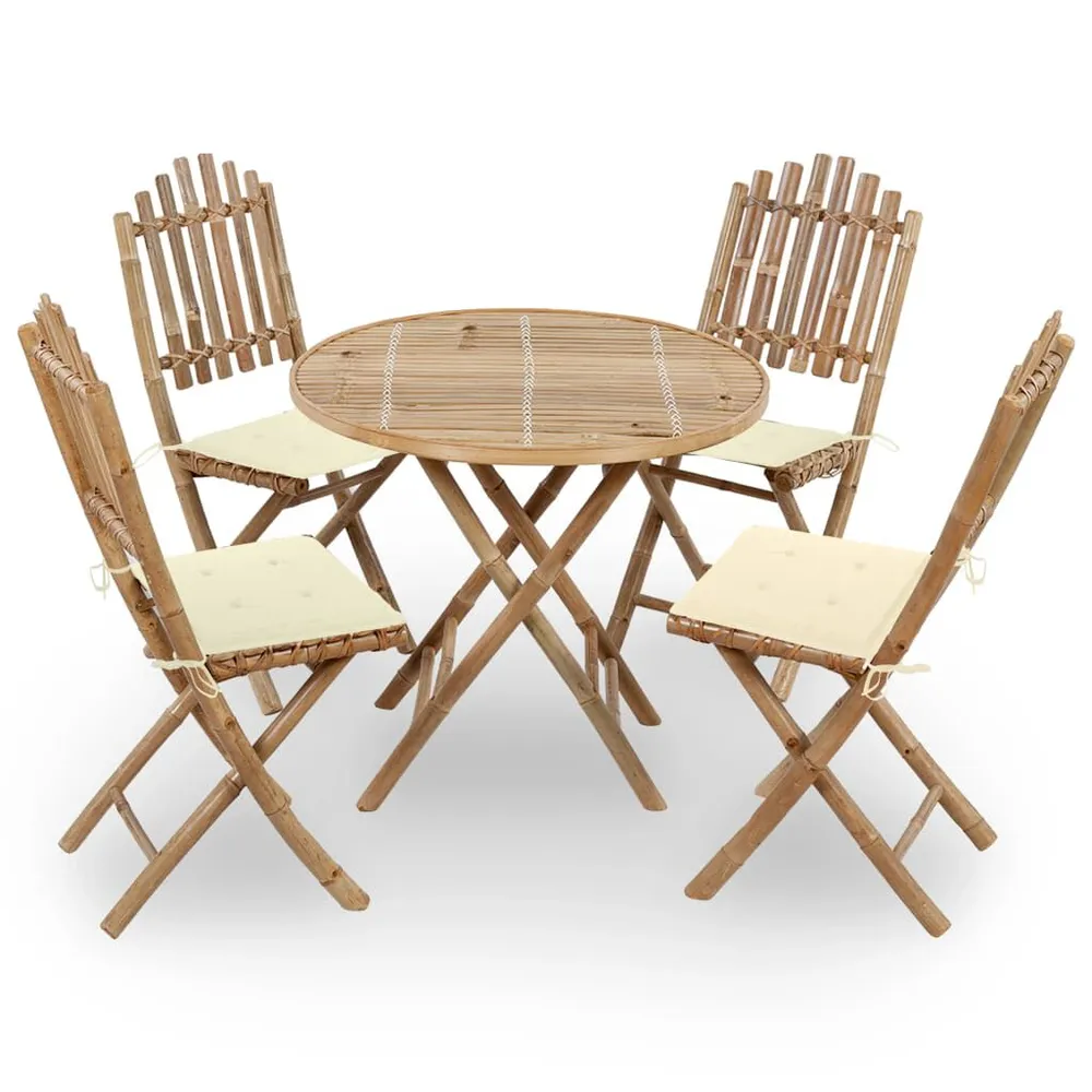 Mobilier à dîner d'extérieur pliable 5 pcs avec coussins bambou