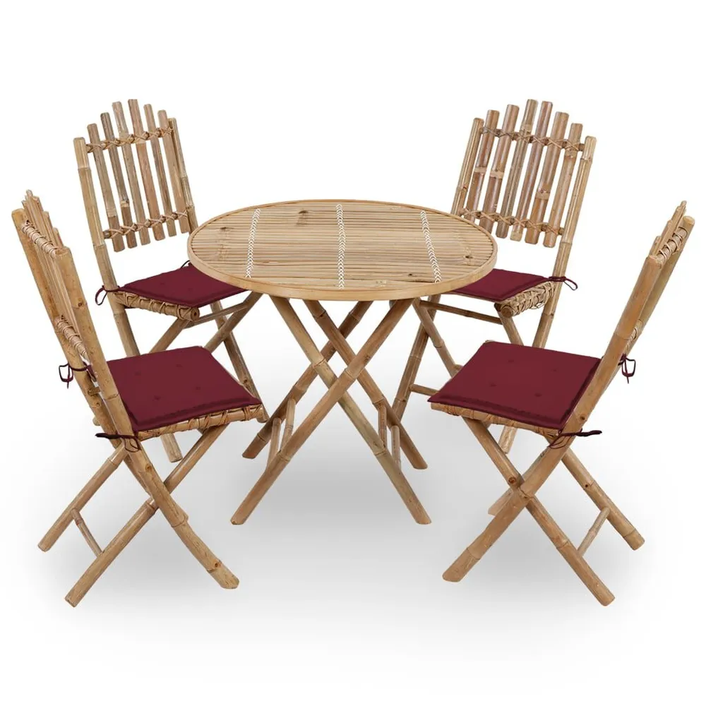 Mobilier à dîner d'extérieur pliable 5 pcs avec coussins bambou