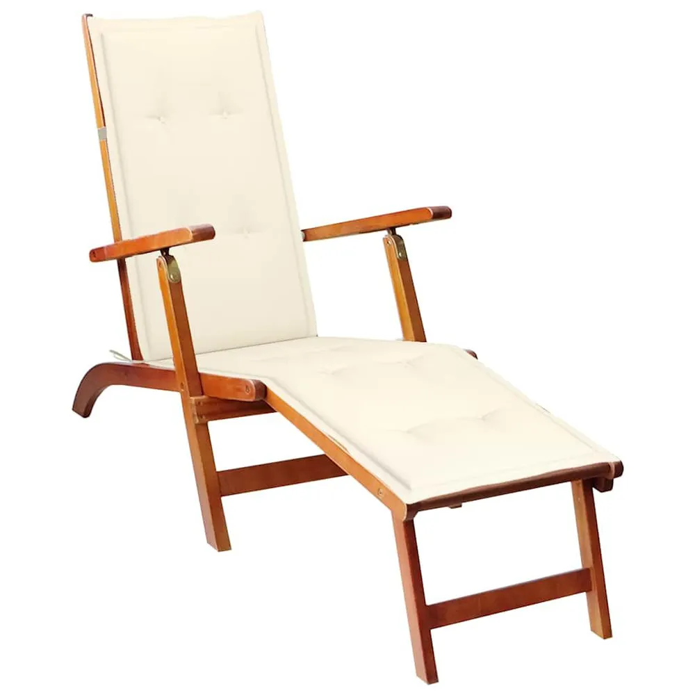 Chaise longue d'extérieur repose-pied et coussin Acacia solide