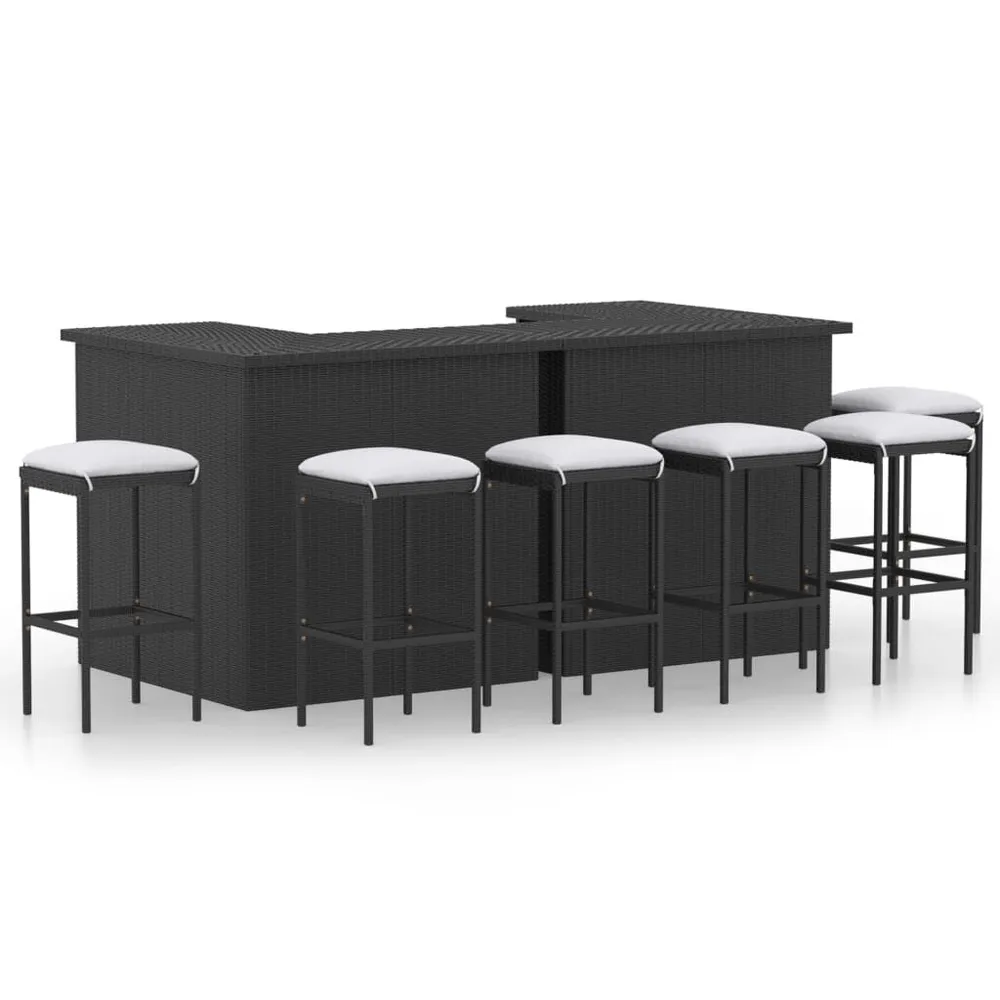 Ensemble de bar de jardin 8 pcs et coussins Résine tressée Noir