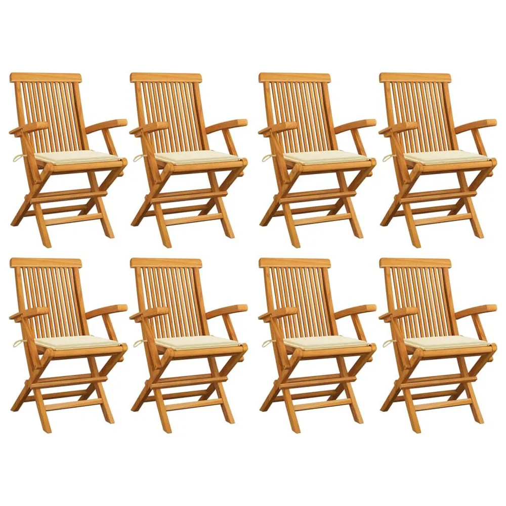 Chaises de jardin avec coussins crème lot de 8 Bois teck massif