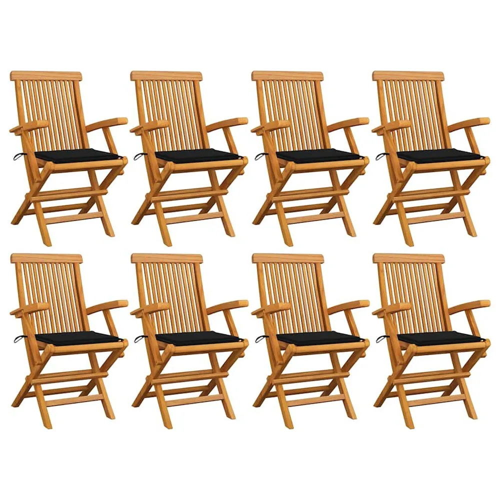 Chaises de jardin avec coussins noir lot de 8 Bois teck massif